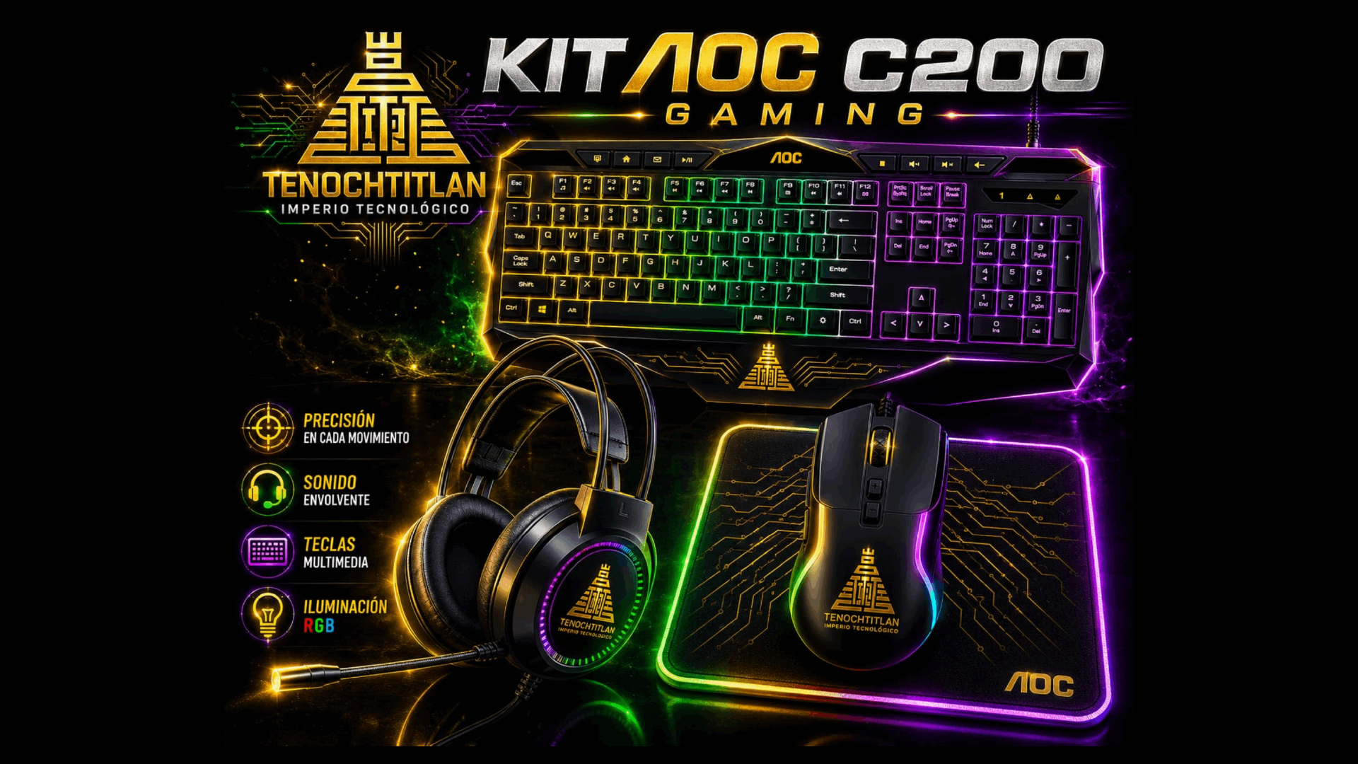 Kit periférico gamer AOC C200 que incluye teclado multimedia mecánico, mouse óptico, audífonos con micrófono y mousepad con iluminación RGB de Tenochtitlan Imperio Tecnológico.
